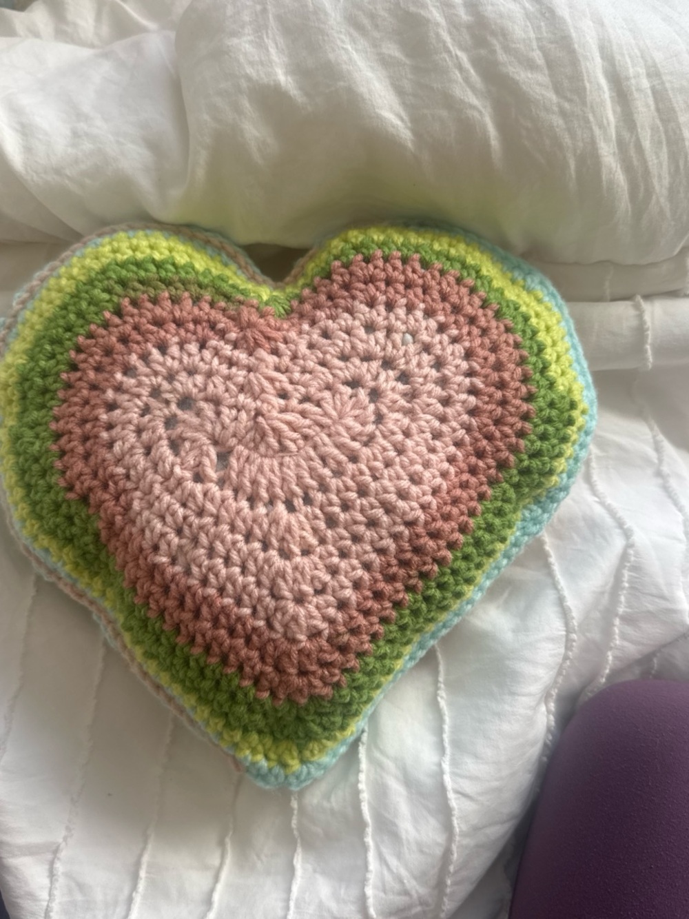Handmade Crocheted Heart Pillow in Pink, Green & Blue